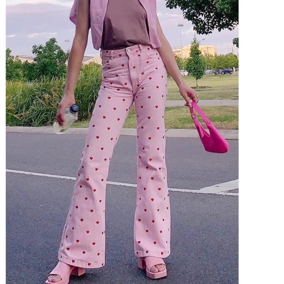 Heart pants bottoms trouser pink hearts flared womenâs - Picture 6 of 10